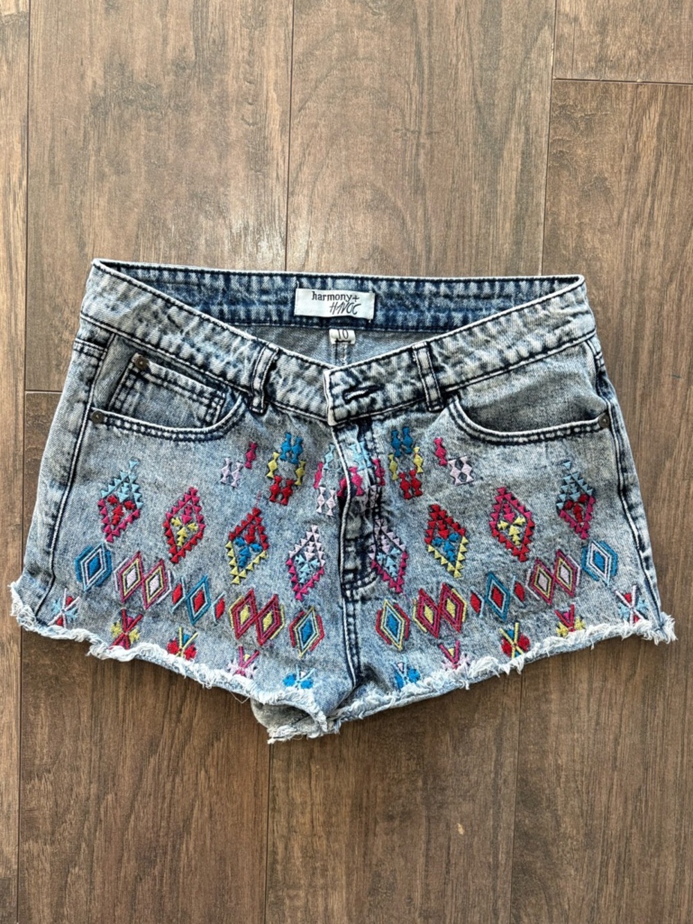 Harmony + Havoc Embroidered Light Gray Denim Cutoff Shorts